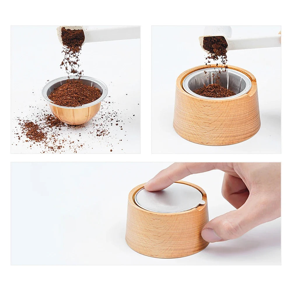 Refillable Capsule Cup with Beechwood Tamper and Dose-Consistent Filling Tool Compatible with Espresso Devices